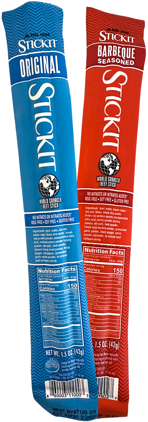 Pack of Two - proetin beef sticks in original smoked beef and barbeque flavors.