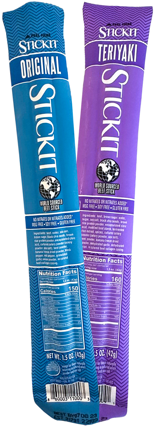 Original smoked beef in blue wrapper and teryaki beef stick in ourple wrapper - Stickit Snacks beef snacks