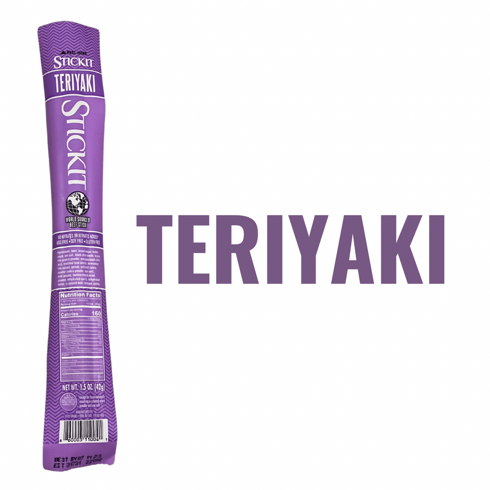 Sweet and savory teriyaki beef stick in purple wrapper perfect for keto pre-workout snacks.