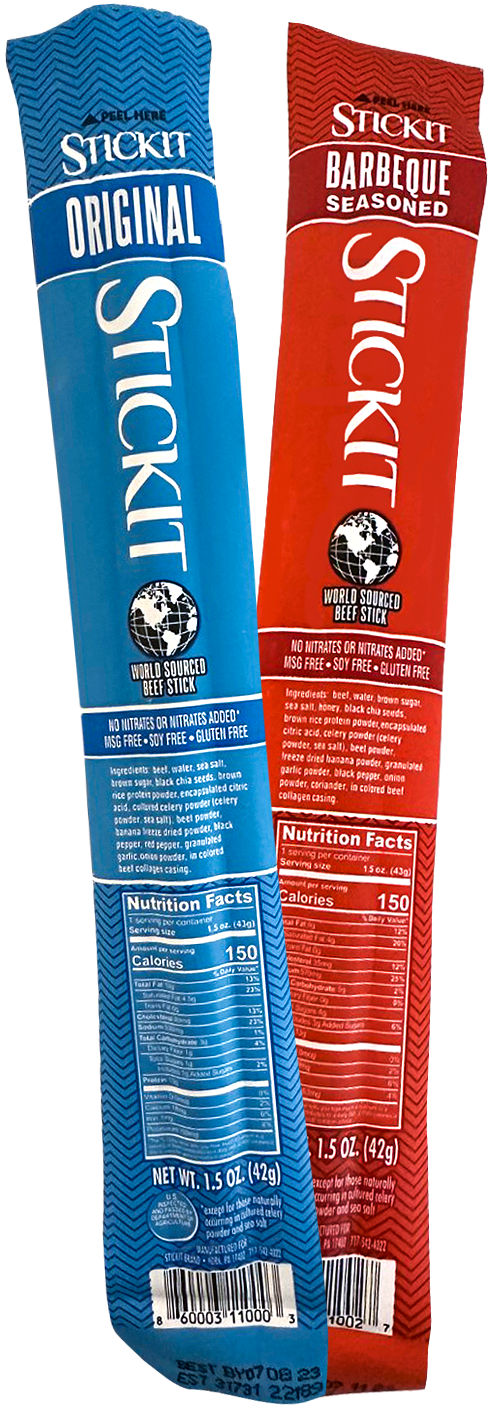 Pack of Two - proetin beef sticks in original smoked beef and barbeque flavors. 